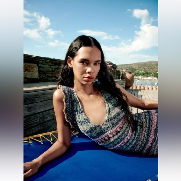 ZARA RUFFLED POINTELLE KNIT BODYCON MIDI DRESS MULTICOLORED Small - Picture 6 of 12